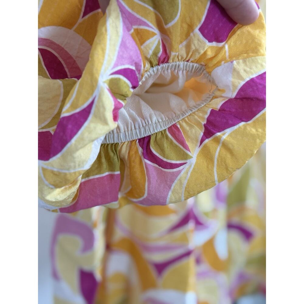 THML Women’s Yellow Pink Abstract Swirl Puff Sleeve V-Neck Blouse Top Size M - Picture 7 of 13